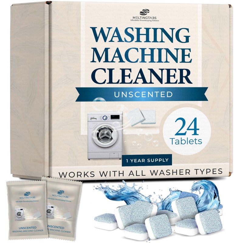 MELTINGTABS Washing Machine Cleaner Tablets - Deep Clean Washer Descale, Laundry Tub Cleaning Solution, Smell Fresh, Eliminates Buildup & Dirt, For Front & Top Load Washers, Easy-to-Use, 24 Pack, unscented - Image 1